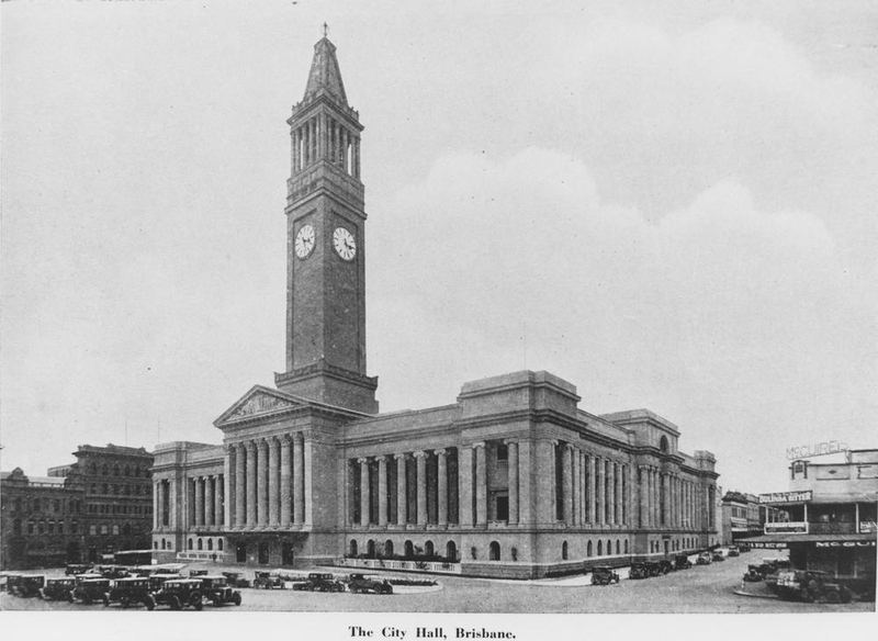 Brisbane City Hall about 1930, with taxis parked in Albert Square